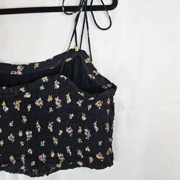 Free People Black Floral Smocked Cropped Tie At Shoulder Summer Top Sz S. - Picture 8 of 10
